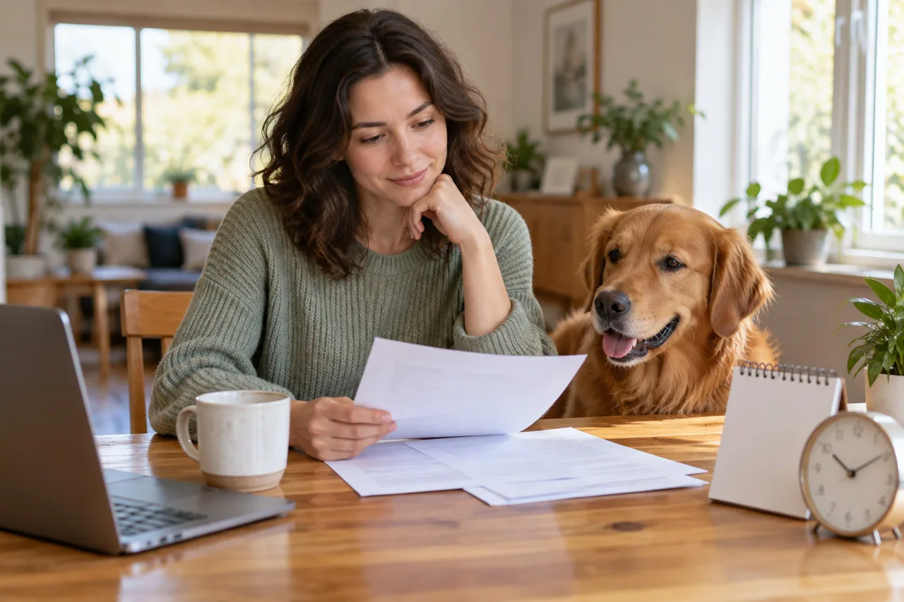 Owner reading papers beside a dog at a desk with a clock and calendar